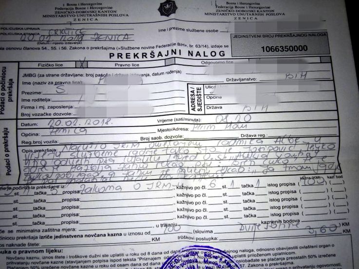 Prekršajni nalog koji je dobio H. B. 